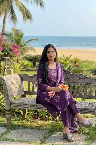 Beautiful jaipuri purple floral printed cotton anarkali suit with dupatta