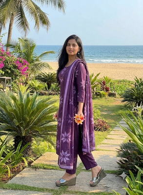 Beautiful jaipuri purple floral printed cotton anarkali suit with dupatta 3