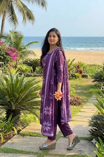 Beautiful jaipuri purple floral printed cotton anarkali suit with dupatta