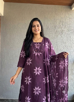 Beautiful jaipuri purple floral printed cotton anarkali suit with dupatta 4