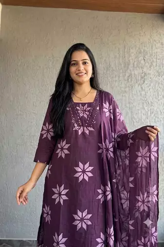 Beautiful jaipuri purple floral printed cotton anarkali suit with dupatta