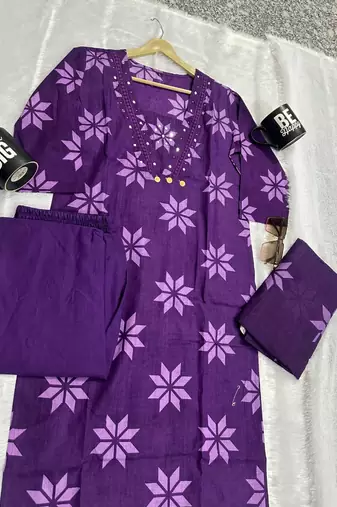 Beautiful jaipuri purple floral printed cotton anarkali suit with dupatta
