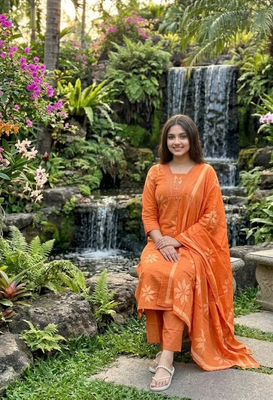 orange floral printed cotton anarkali suit with dupatta 2