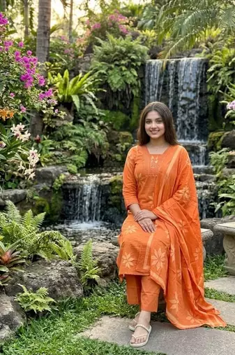 orange floral printed cotton anarkali suit with dupatta