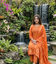orange floral printed cotton anarkali suit with dupatta