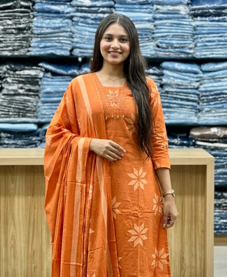 orange floral printed cotton anarkali suit with dupatta 3