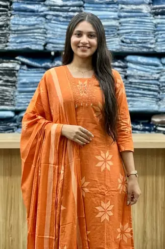 orange floral printed cotton anarkali suit with dupatta