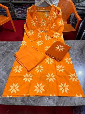 orange floral printed cotton anarkali suit with dupatta 4