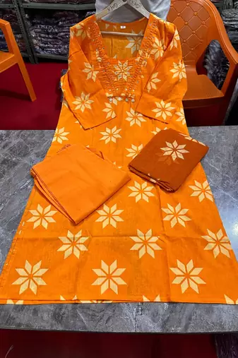 orange floral printed cotton anarkali suit with dupatta