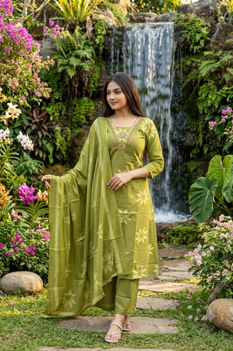 green floral printed cotton anarkali suit with dupatta
