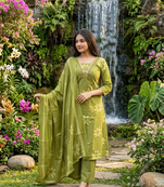 green floral printed cotton anarkali suit with dupatta
