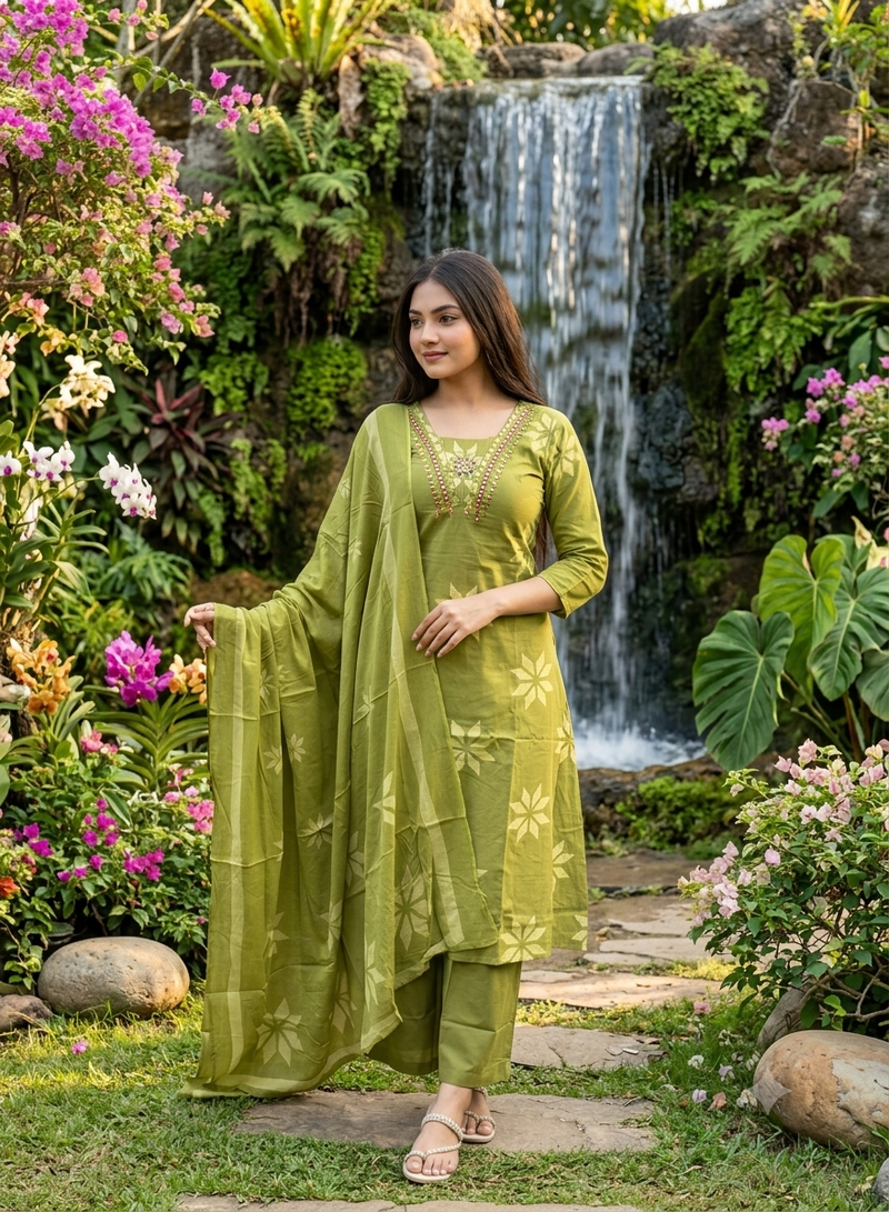 green floral printed cotton anarkali suit with dupatta