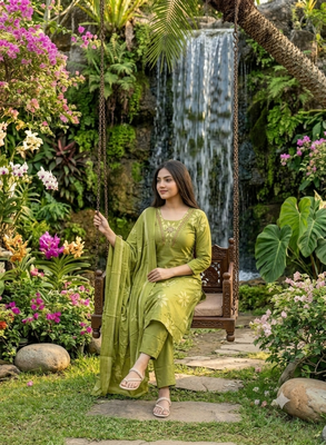 green floral printed cotton anarkali suit with dupatta 2