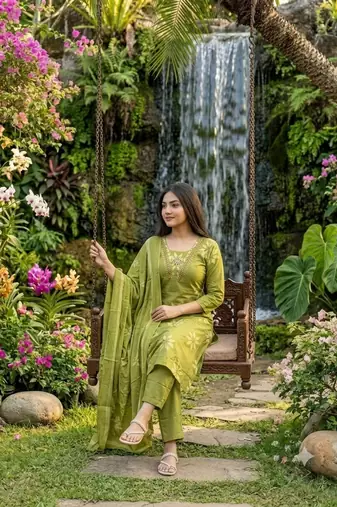green floral printed cotton anarkali suit with dupatta