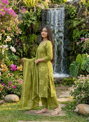green floral printed cotton anarkali suit with dupatta 3