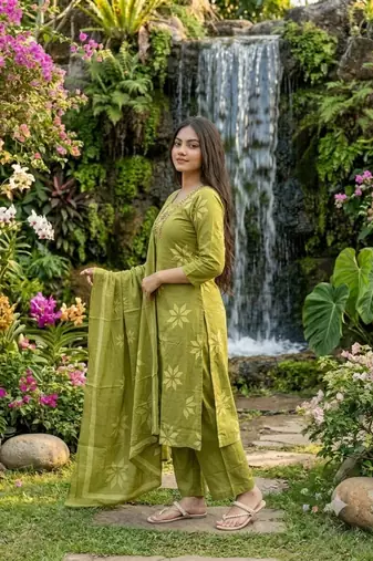 green floral printed cotton anarkali suit with dupatta