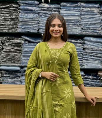 green floral printed cotton anarkali suit with dupatta 4