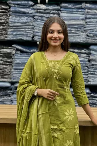 green floral printed cotton anarkali suit with dupatta