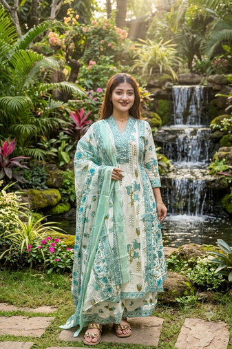 ivory & mint green floral block printed cotton anarkali kurta set with dupatta