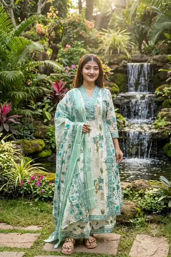 ivory & mint green floral block printed cotton anarkali kurta set with dupatta