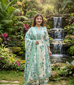 ivory & mint green floral block printed cotton anarkali kurta set with dupatta