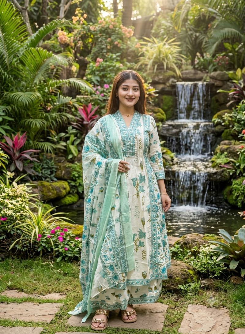 ivory & mint green floral block printed cotton anarkali kurta set with dupatta