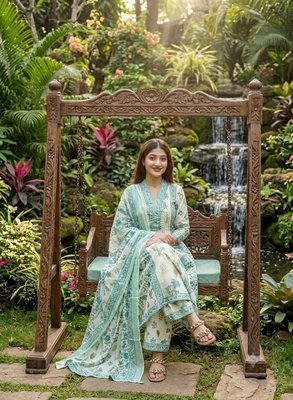 ivory & mint green floral block printed cotton anarkali kurta set with dupatta 2
