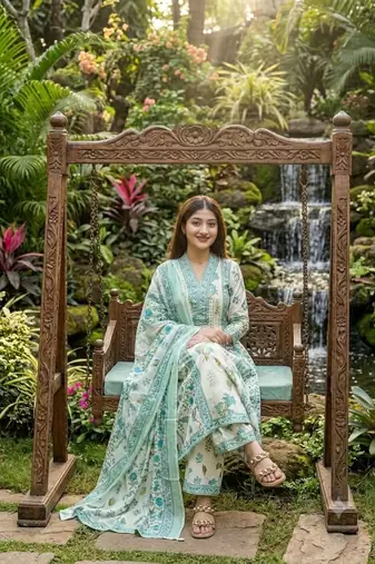 ivory & mint green floral block printed cotton anarkali kurta set with dupatta