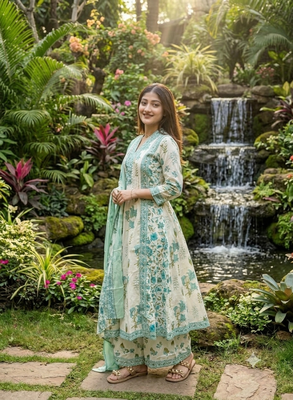 ivory & mint green floral block printed cotton anarkali kurta set with dupatta 3