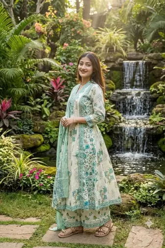 ivory & mint green floral block printed cotton anarkali kurta set with dupatta