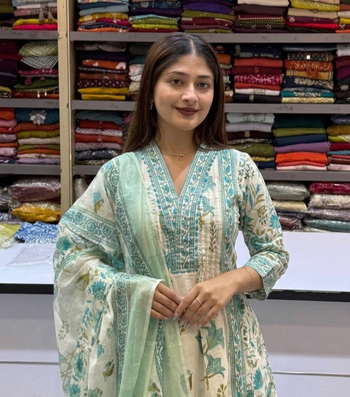 ivory & mint green floral block printed cotton anarkali kurta set with dupatta 4