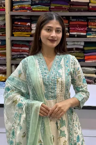 ivory & mint green floral block printed cotton anarkali kurta set with dupatta