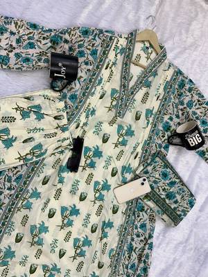 ivory & mint green floral block printed cotton anarkali kurta set with dupatta 5