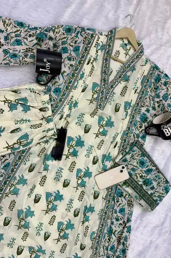 ivory & mint green floral block printed cotton anarkali kurta set with dupatta