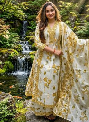 Beautiful jaipuri off-white and mustard yellow floral block printed cotton anarkali suit set 1