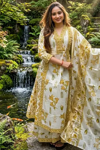 Beautiful jaipuri off-white and mustard yellow floral block printed cotton anarkali suit set