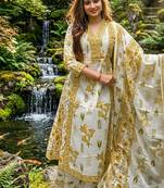 Beautiful jaipuri off-white and mustard yellow floral block printed cotton anarkali suit set