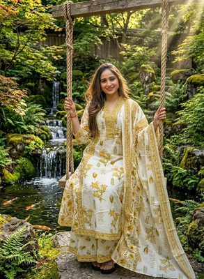 Beautiful jaipuri off-white and mustard yellow floral block printed cotton anarkali suit set 2