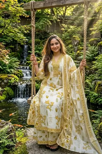 Beautiful jaipuri off-white and mustard yellow floral block printed cotton anarkali suit set