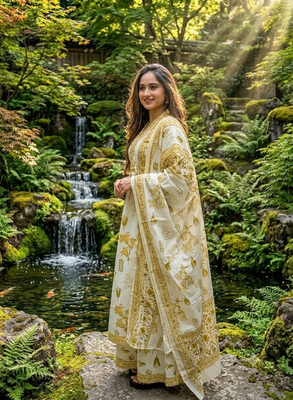 Beautiful jaipuri off-white and mustard yellow floral block printed cotton anarkali suit set 3