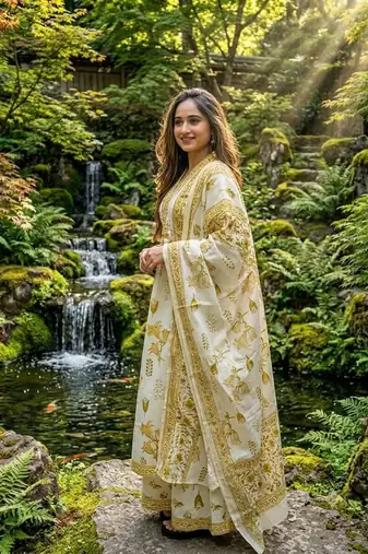 Beautiful jaipuri off-white and mustard yellow floral block printed cotton anarkali suit set