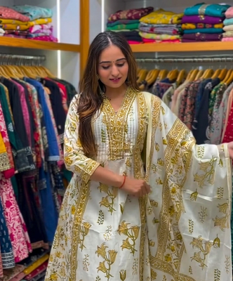 Beautiful jaipuri off-white and mustard yellow floral block printed cotton anarkali suit set 4