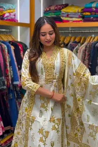 Beautiful jaipuri off-white and mustard yellow floral block printed cotton anarkali suit set