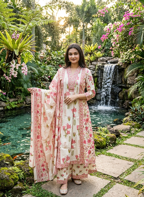 pink and cream floral printed handwork taj cotton a-line kurta suit set 1