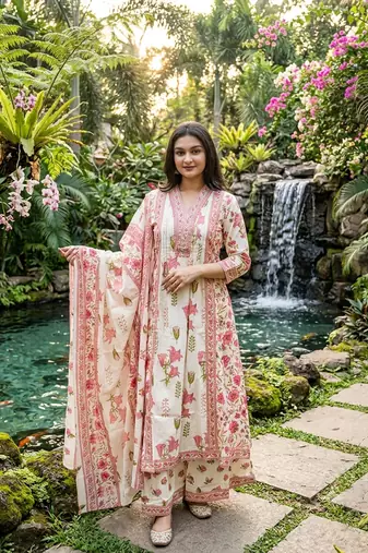 pink and cream floral printed handwork taj cotton a-line kurta suit set