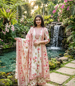 pink and cream floral printed handwork taj cotton a-line kurta suit set