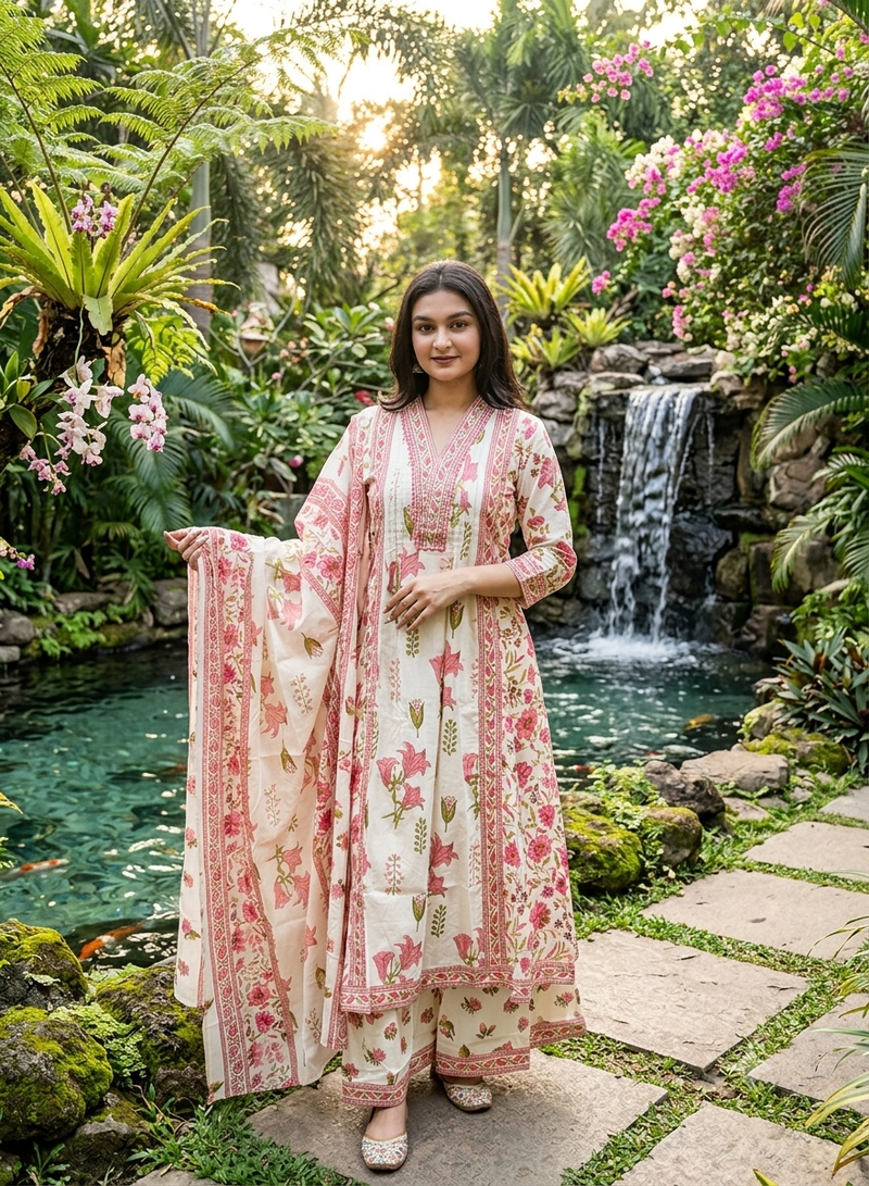 pink and cream floral printed handwork taj cotton a-line kurta suit set