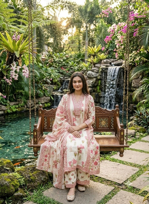 pink and cream floral printed handwork taj cotton a-line kurta suit set 2
