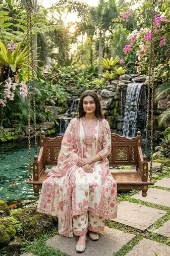 pink and cream floral printed handwork taj cotton a-line kurta suit set