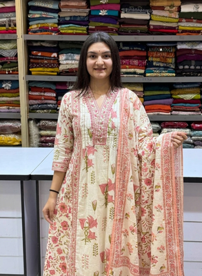pink and cream floral printed handwork taj cotton a-line kurta suit set 3